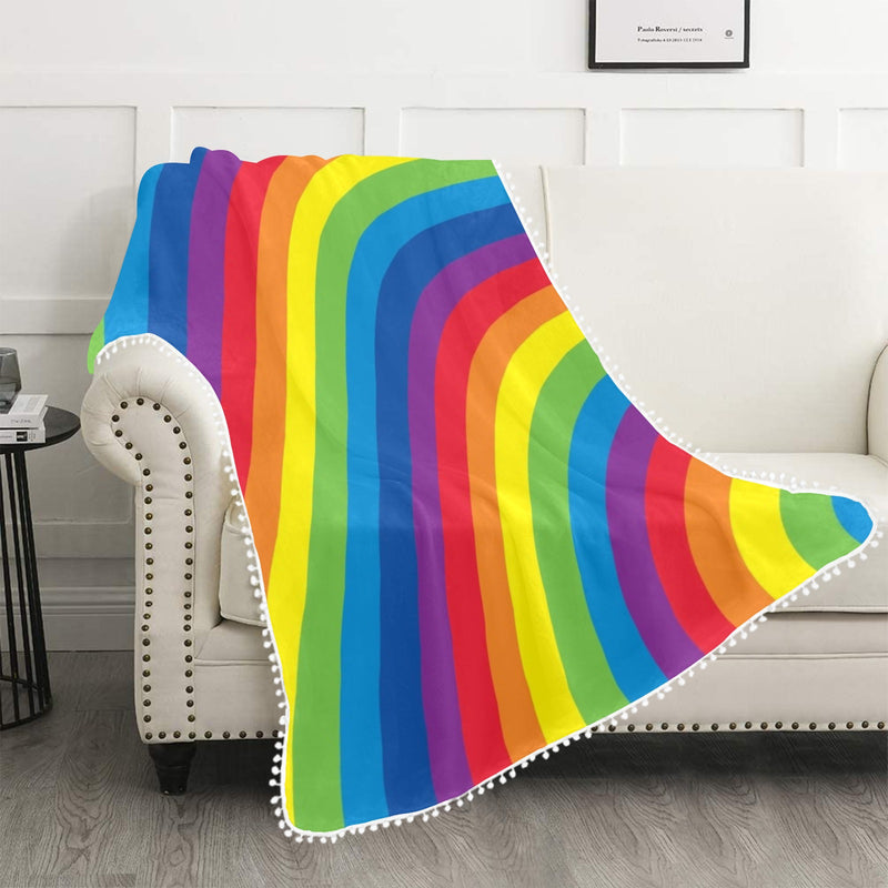 Rainbow Pom Pom Fringe Blanket 60"x80"