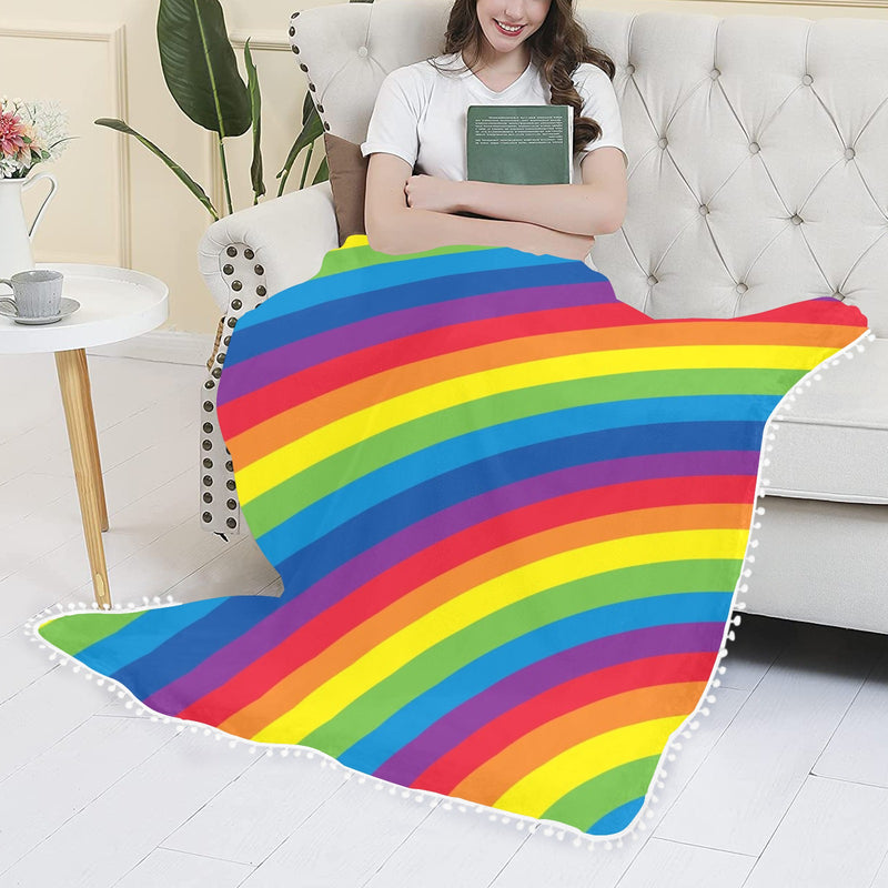 Rainbow Pom Pom Fringe Blanket 60"x80"